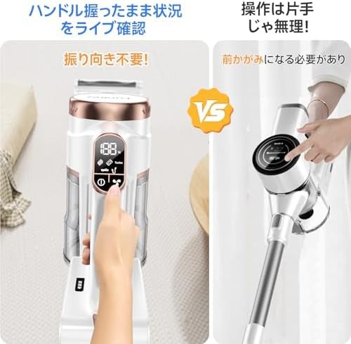 掃除機 コードレス【8月新登場!業界初片手UIデザイン・60Kpa超強力吸引・デュアルブラシレスモーター・グリーンLEDライト・65分連続稼働・自立式】LUNINO コードレス掃除機 軽量 サイクロン掃除機 絡まないV字型ヘッド 一人暮らし 伸縮パイプ 550W 3段吸引力 ダブルHEPA浄化システム 着脱式バッテリー フロア/カーペット/カーテン/ソファ/本棚/車に適用 PSE認証済み VC2