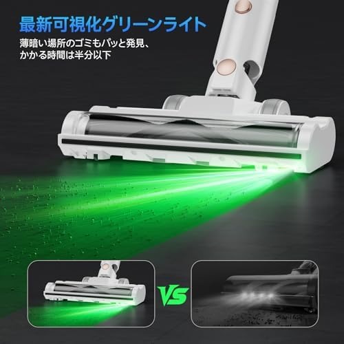 掃除機 コードレス【8月新登場!業界初片手UIデザイン・60Kpa超強力吸引・デュアルブラシレスモーター・グリーンLEDライト・65分連続稼働・自立式】LUNINO コードレス掃除機 軽量 サイクロン掃除機 絡まないV字型ヘッド 一人暮らし 伸縮パイプ 550W 3段吸引力 ダブルHEPA浄化システム 着脱式バッテリー フロア/カーペット/カーテン/ソファ/本棚/車に適用 PSE認証済み VC2