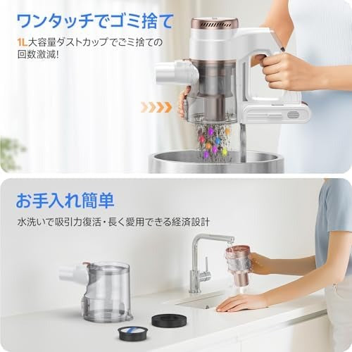 掃除機 コードレス【8月新登場!業界初片手UIデザイン・60Kpa超強力吸引・デュアルブラシレスモーター・グリーンLEDライト・65分連続稼働・自立式】LUNINO コードレス掃除機 軽量 サイクロン掃除機 絡まないV字型ヘッド 一人暮らし 伸縮パイプ 550W 3段吸引力 ダブルHEPA浄化システム 着脱式バッテリー フロア/カーペット/カーテン/ソファ/本棚/車に適用 PSE認証済み VC2