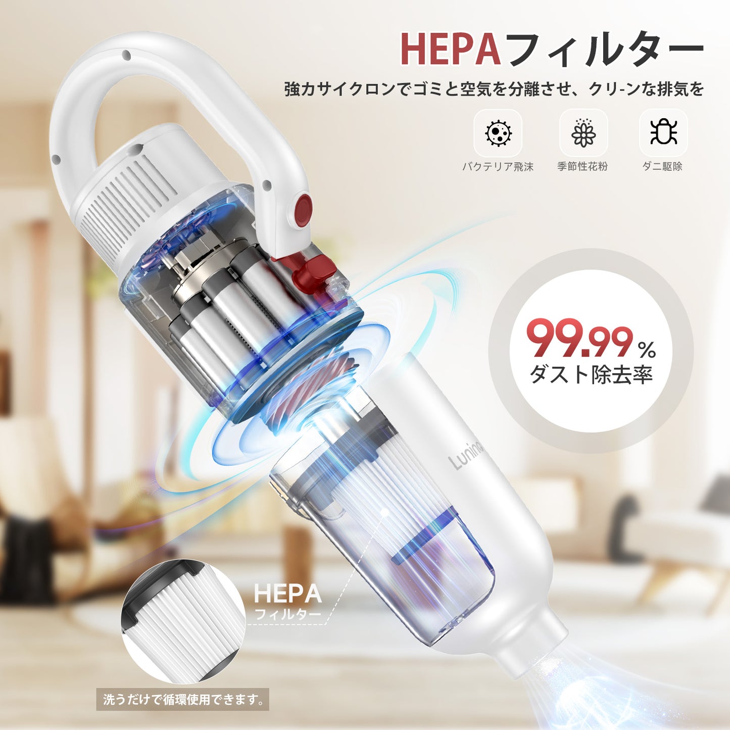 掃除機 コード式【40000Pa超強力吸引・1.2KG軽量】LUNINO サイクロン 2WAY スティッククリーナー 紙パック不要 HEPA多層濾過 5M電源コード 左右180º上下90º回転可能 家庭用/一人暮らし/レンタルハウス 日本PSE認証済【カーペット/カーテン/ハードフロアに適用】日本語取扱説明書 (ホワイト) プレゼント HS827 (赤白)