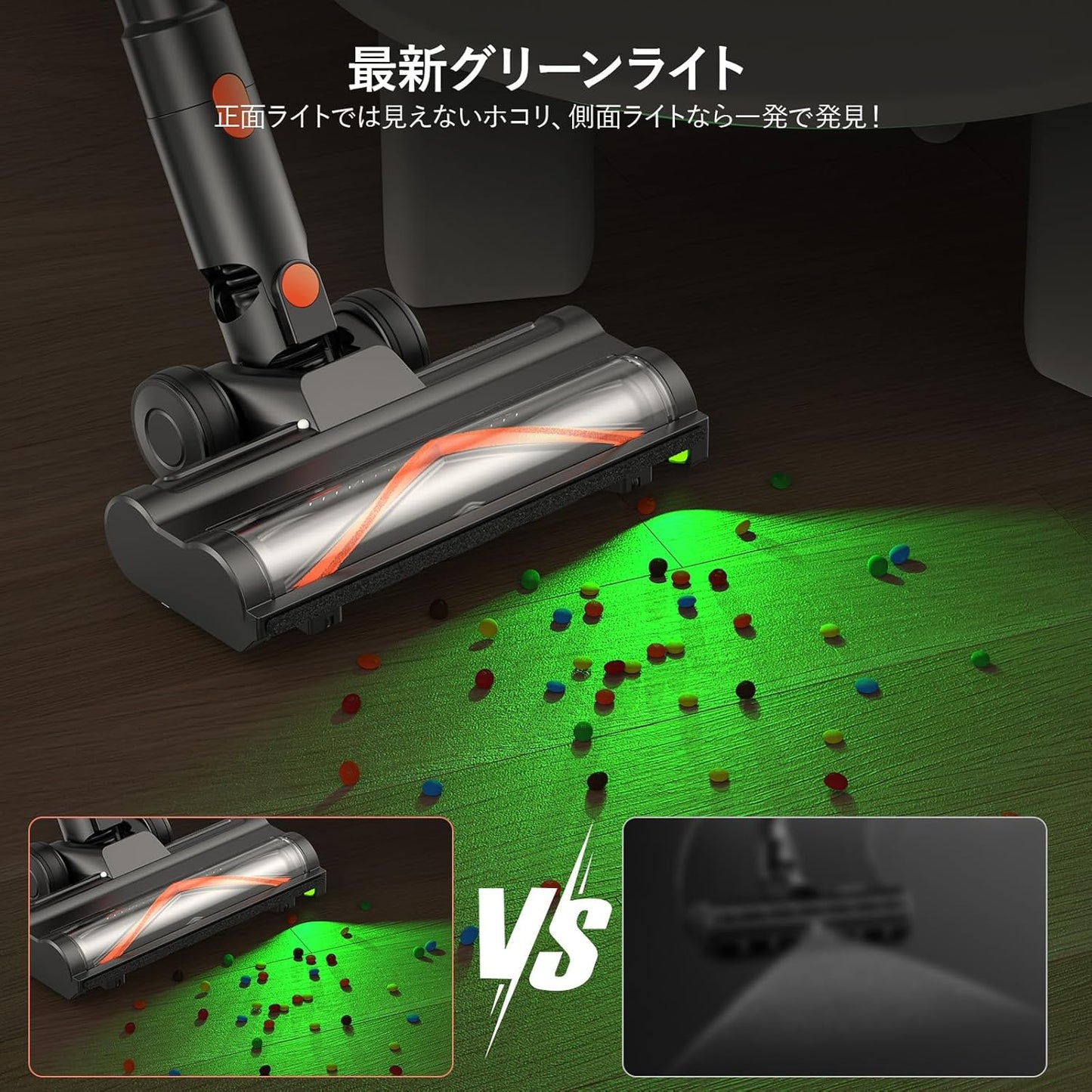 掃除機 コードレス 【70Kpa超強吸引・自立式・50分連続稼働・革新版グリーンLEDライト】 LUNINO コードレス掃除機 軽量 500W 絡まないV字型ヘッド HEPA多重濾過 大容量バッテリー 低騒音 伸縮パイプ 一人暮らし スティッククリーナー フロア/カーテン/ソファ/車用/家庭用 年末お掃除 PSE認証済み 3年保証 VC6