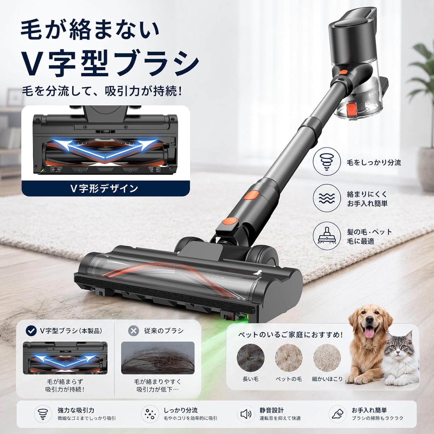 コードレス掃除機 [219800kpa超強力吸引、自立式、50分連続運転、革新