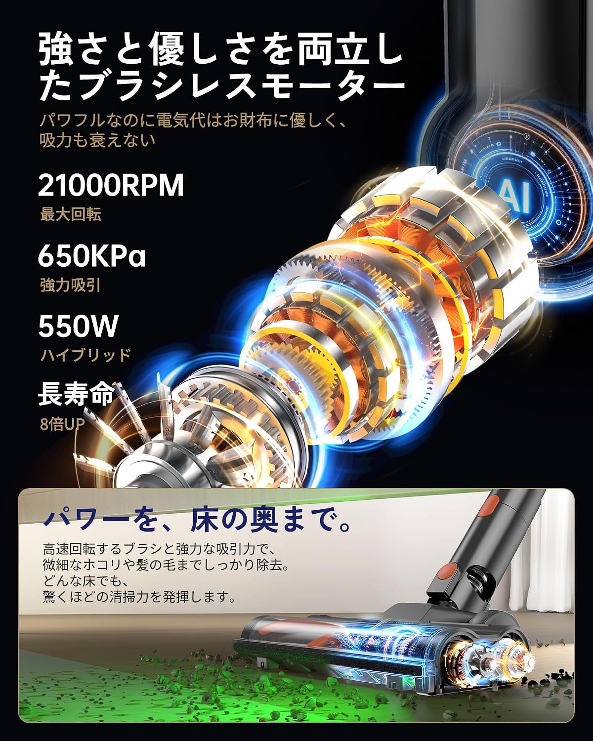 掃除機 コードレス【9月より先行発売！219800KPa超強力吸引！驚くほど静かな使い心地！超軽量！AI制御！グリーンLED！自走式！自立式】-VC6