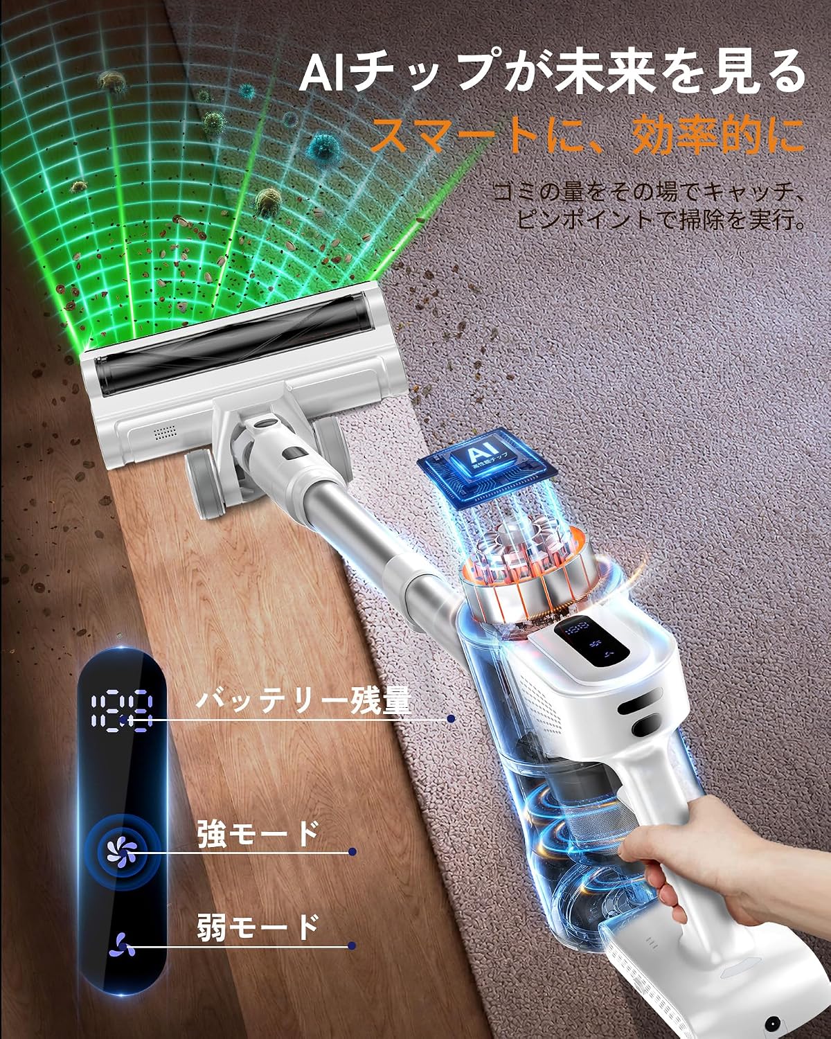 掃除機 コードレス【10月先行発売 420KPa強力吸引！驚きの静音！超軽量！AI制御！グリーンLED！次世代LED液晶！自走式！自立式】F02