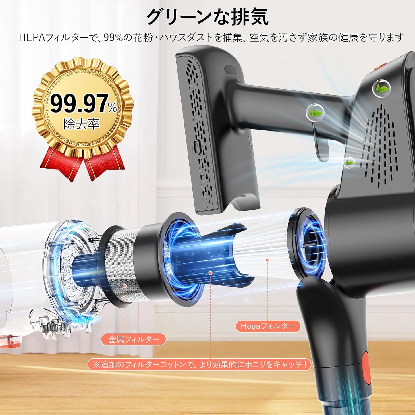 掃除機 コードレス 【70Kpa超強吸引・自立式・50分連続稼働・革新版グリーンLEDライト】 LUNINO コードレス掃除機 軽量 500W 絡まないV字型ヘッド HEPA多重濾過 大容量バッテリー 低騒音 伸縮パイプ 一人暮らし スティッククリーナー フロア/カーテン/ソファ/車用/家庭用 年末お掃除 PSE認証済み 3年保証 VC6