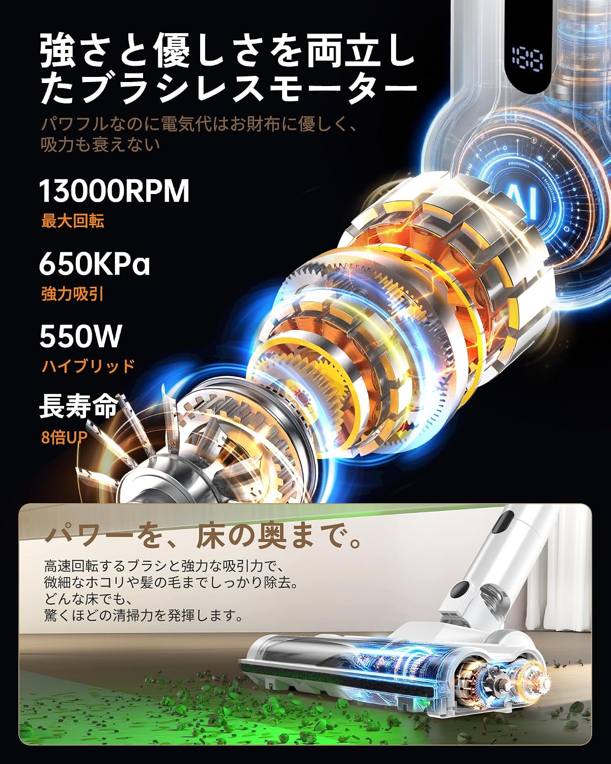 掃除機 コードレス【10月先行発売 420KPa強力吸引！驚きの静音！超軽量！AI制御！グリーンLED！次世代LED液晶！自走式！自立式】F02
