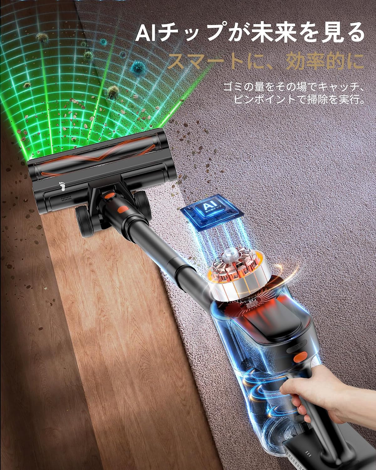 掃除機 コードレス【9月より先行発売！219800KPa超強力吸引！驚くほど静かな使い心地！超軽量！AI制御！グリーンLED！自走式！自立式】-VC6