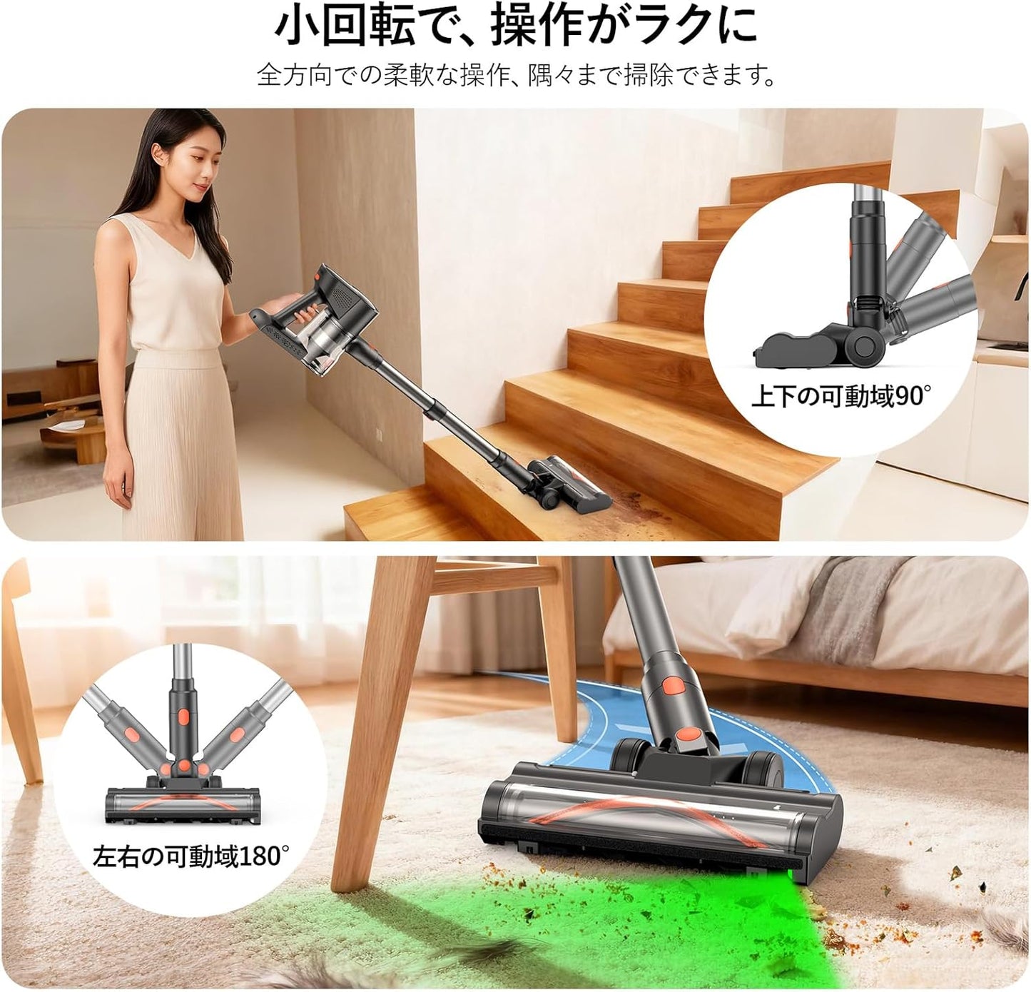 掃除機 コードレス 【70Kpa超強吸引・自立式・50分連続稼働・革新版グリーンLEDライト】 LUNINO コードレス掃除機 軽量 500W 絡まないV字型ヘッド HEPA多重濾過 大容量バッテリー 低騒音 伸縮パイプ 一人暮らし スティッククリーナー フロア/カーテン/ソファ/車用/家庭用 年末お掃除 PSE認証済み 3年保証 VC6